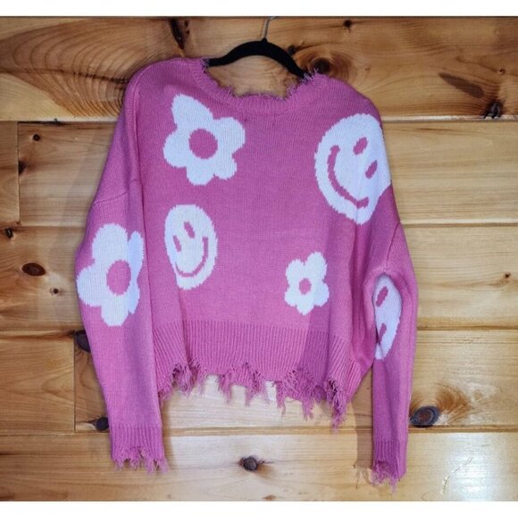 Just Polly Pink Daisy,Smiles Knit Sweater Cropped Raw Distressed Hem Oversized - Picture 2 of 9